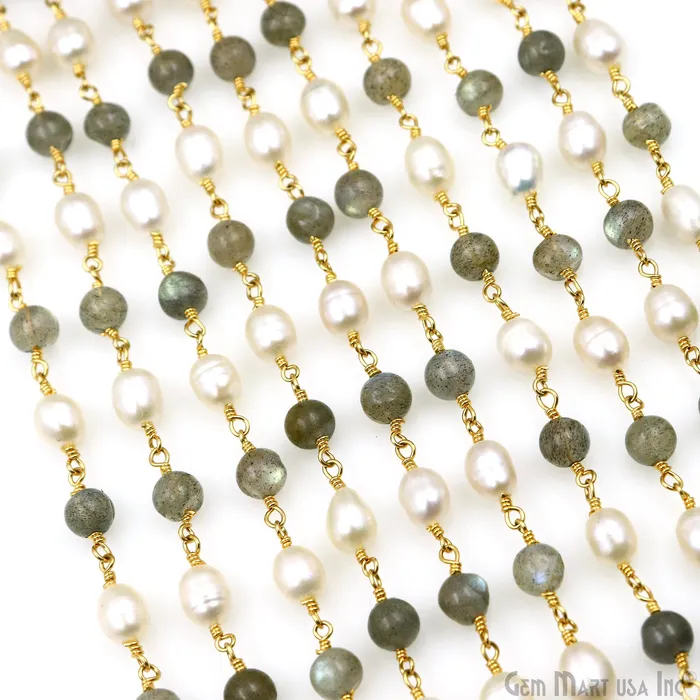 Labradorite Cabochon With Pearl Oval Gold Wire Wrapped Rosary Chain GemMartUSA Necklaces