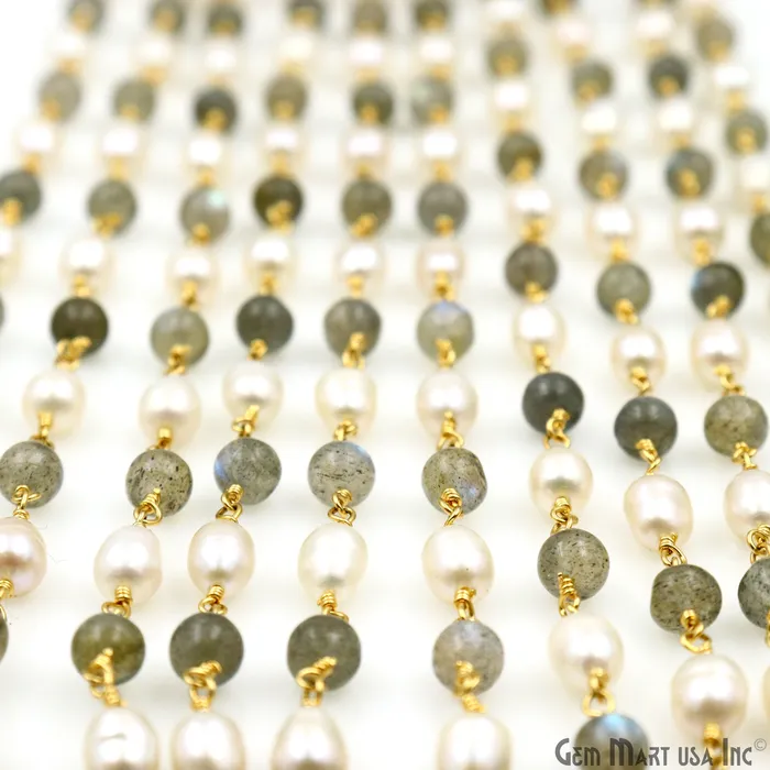 Labradorite Cabochon With Pearl Oval Gold Wire Wrapped Rosary Chain GemMartUSA Necklaces