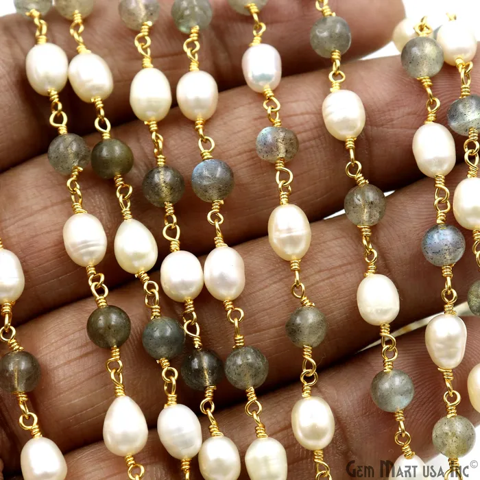 Labradorite Cabochon With Pearl Oval Gold Wire Wrapped Rosary Chain GemMartUSA Necklaces