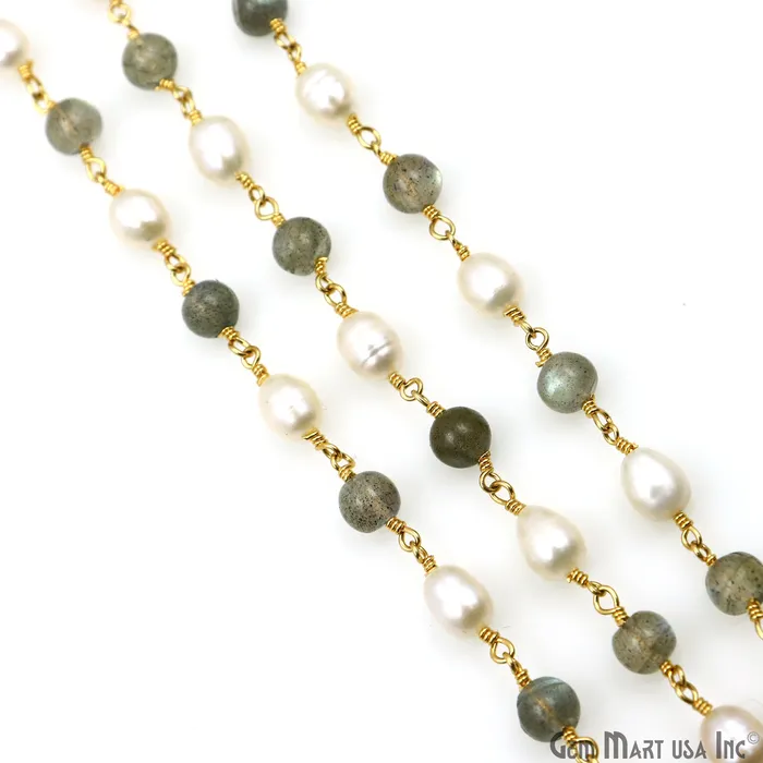 Labradorite Cabochon With Pearl Oval Gold Wire Wrapped Rosary Chain GemMartUSA Necklaces