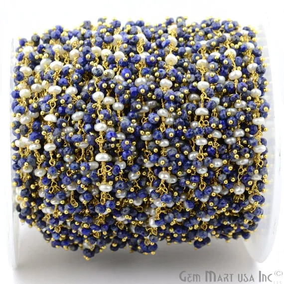 Lapis With Pearl Faceted Beads Gold Wire Wrapped Cluster Dangle Chain GemmartUSA Necklaces Lapis With Pearl Faceted Beads Gold Wire Wrapped Cluster Dangle Chain GemmartUSA Necklaces