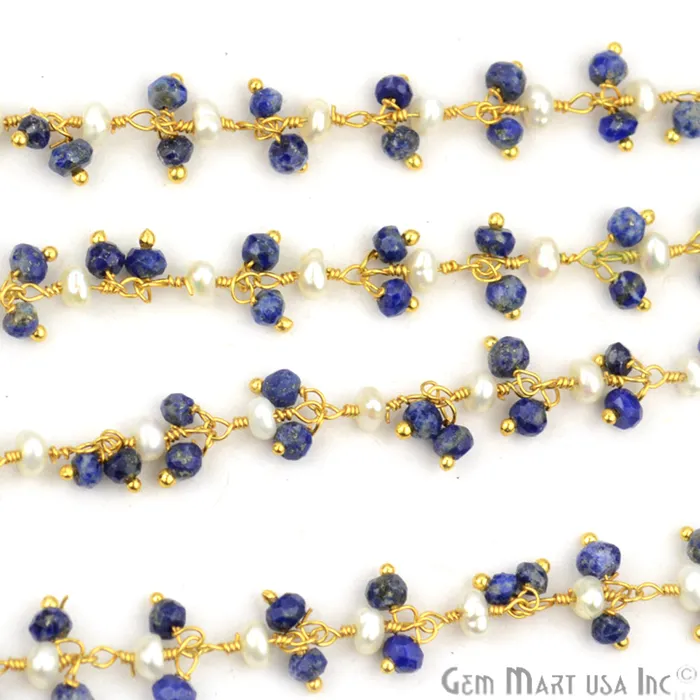 Lapis With Pearl Faceted Beads Gold Wire Wrapped Cluster Dangle Chain GemmartUSA Necklaces Lapis With Pearl Faceted Beads Gold Wire Wrapped Cluster Dangle Chain GemmartUSA Necklaces