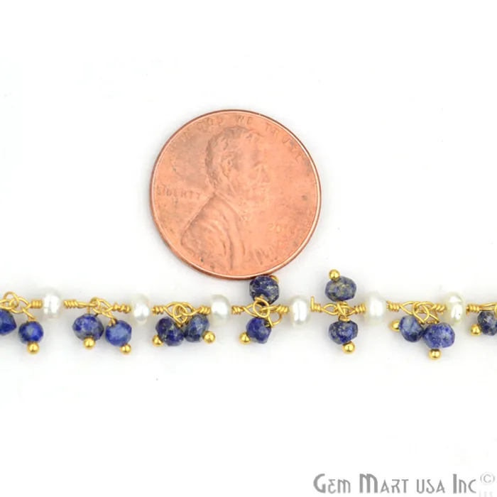 Lapis With Pearl Faceted Beads Gold Wire Wrapped Cluster Dangle Chain GemmartUSA Necklaces Lapis With Pearl Faceted Beads Gold Wire Wrapped Cluster Dangle Chain GemmartUSA Necklaces