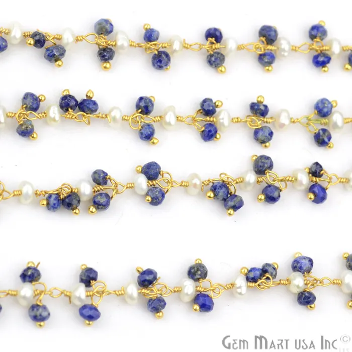 Lapis With Pearl Faceted Beads Gold Wire Wrapped Cluster Dangle Chain GemmartUSA Necklaces Lapis With Pearl Faceted Beads Gold Wire Wrapped Cluster Dangle Chain GemmartUSA Necklaces