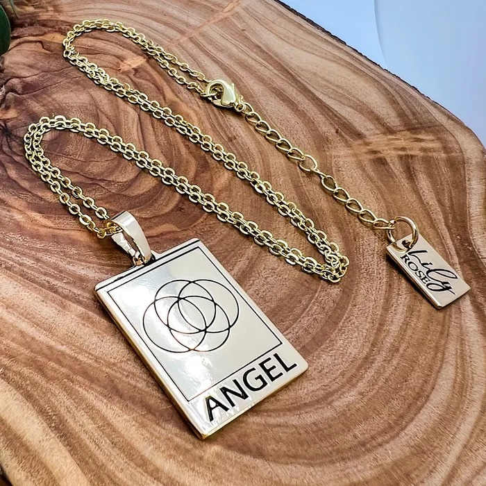 Lily Rose Jewelry Necklaces Elizabeth April EA Angel 2 Sided Channeled Attuned Evil Eye Protection Cosmic Species Sacred Geometry Card Tag Pendant 18 Gold Necklace