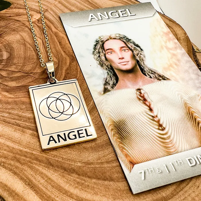 Lily Rose Jewelry Necklaces Elizabeth April EA Angel 2 Sided Channeled Attuned Evil Eye Protection Cosmic Species Sacred Geometry Card Tag Pendant 18 Gold Necklace