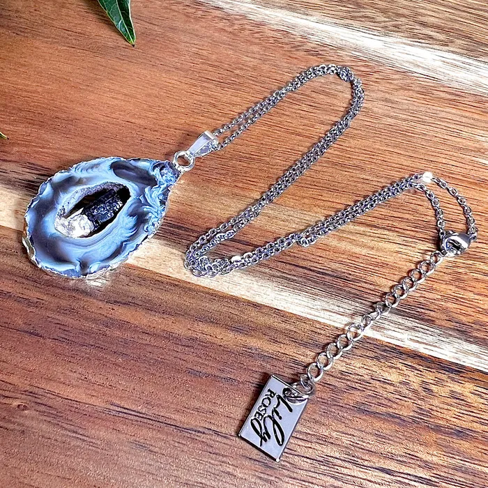 Lily Rose Jewelry Necklaces Inner Peace Protection Druzy Quartz Geode Slice with Black Tourmaline Inside XL Pendant 18 White Gold Necklace