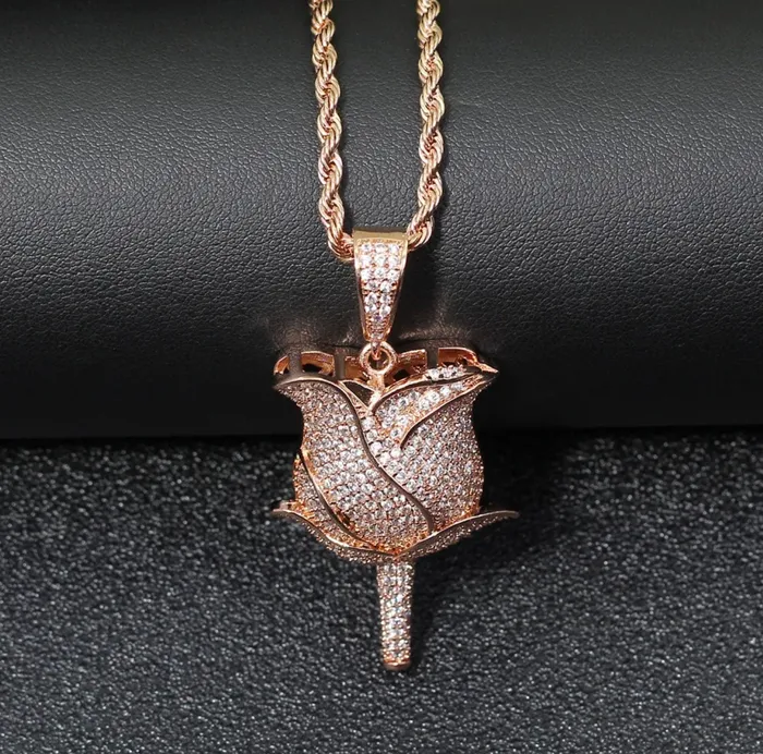 Minx London Necklaces Rose Pendant Diamond Rose Pendant Flower Pendants Diamond Pendant Iced Necklace Rose Necklace Hip Hop Chain Iced Jewellery