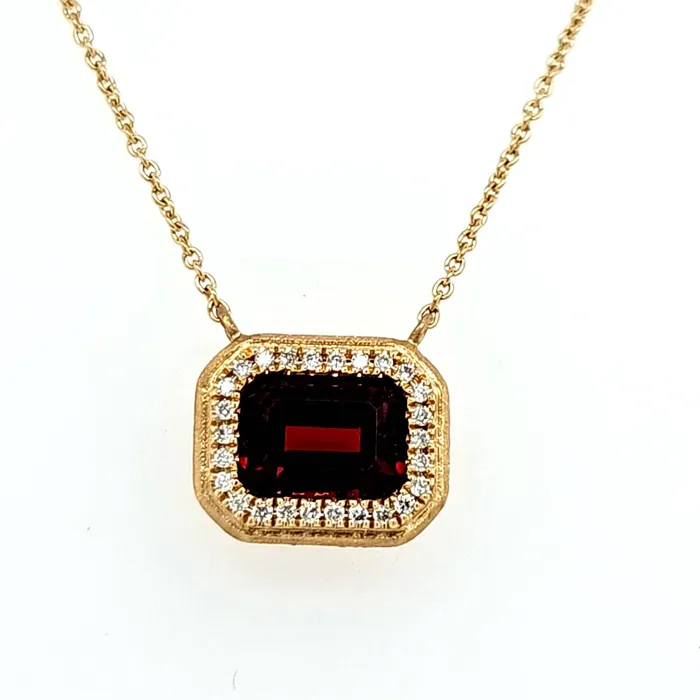 Necklaces Bassali 14k Yellow Gold Garnet Diamond Halo Matte Finish Necklace I8413 Necklaces Bassali 14k Yellow Gold Garnet Diamond Halo Matte Finish Necklace I8413