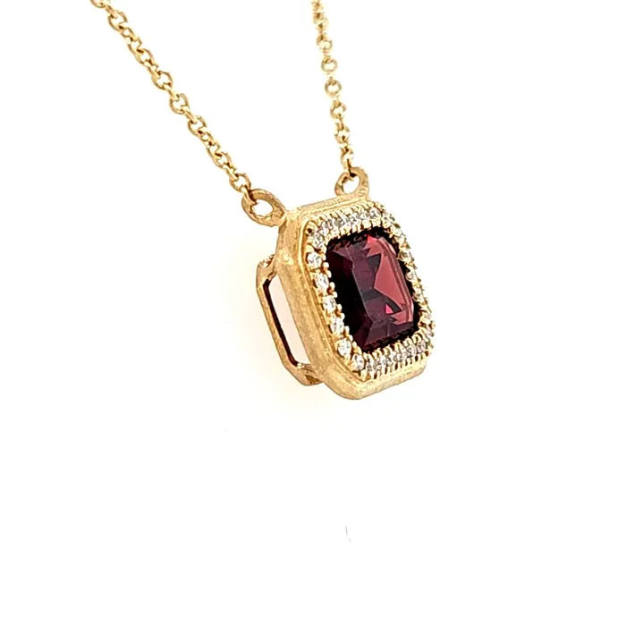 Necklaces Bassali 14k Yellow Gold Garnet Diamond Halo Matte Finish Necklace I8413 Necklaces Bassali 14k Yellow Gold Garnet Diamond Halo Matte Finish Necklace I8413