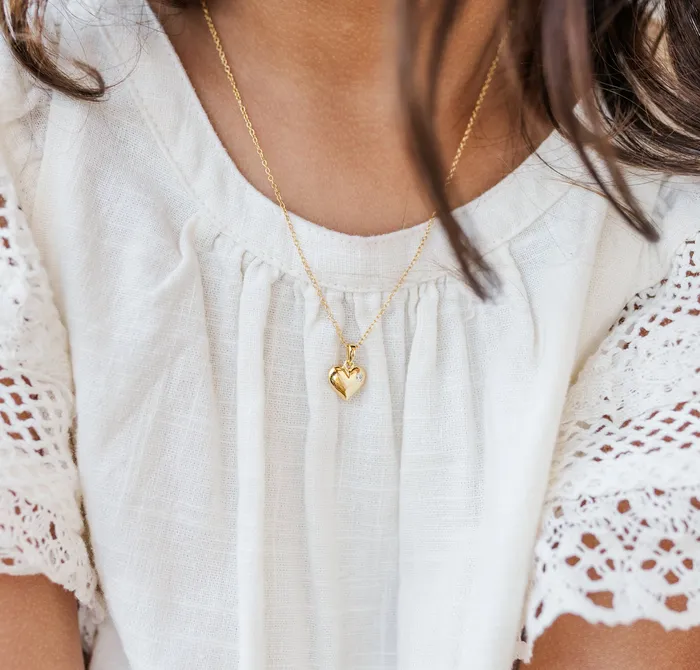 Necklaces Cherished Moments Childrens 14K Gold Plated Puff Heart Necklace for Girls Kids