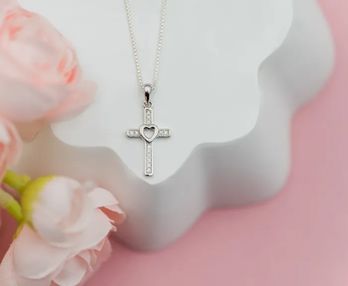Necklaces Cherished Moments Sterling Silver Childrens Cross CZ Necklace with Open Heart