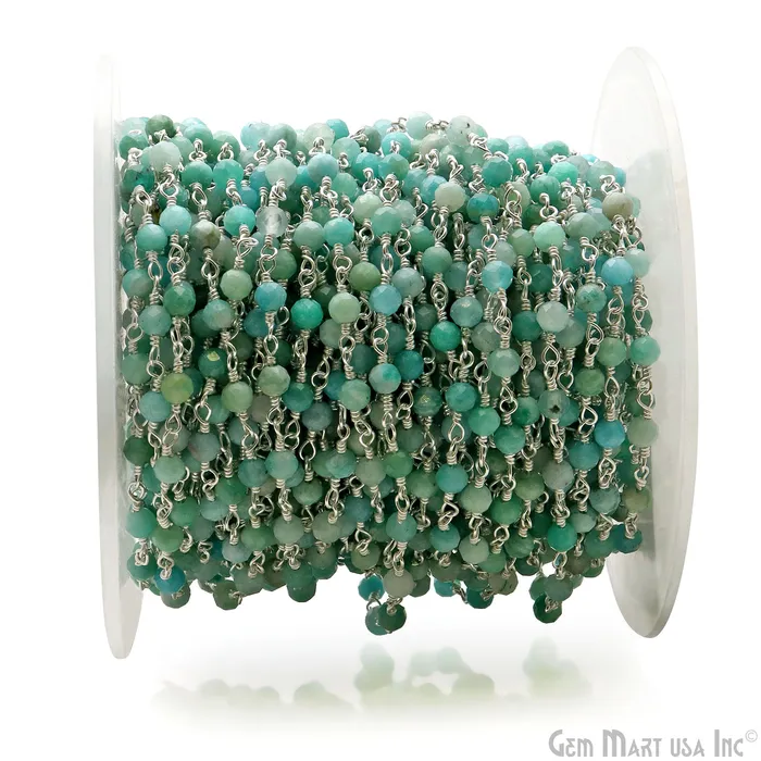 Necklaces GemMartUSA Amazonite 335mm Silver Plated Beaded Wire Wrapped Rosary Chain Necklaces GemMartUSA Amazonite 335mm Silver Plated Beaded Wire Wrapped Rosary Chain