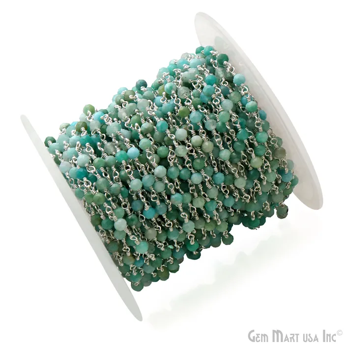 Necklaces GemMartUSA Amazonite 335mm Silver Plated Beaded Wire Wrapped Rosary Chain