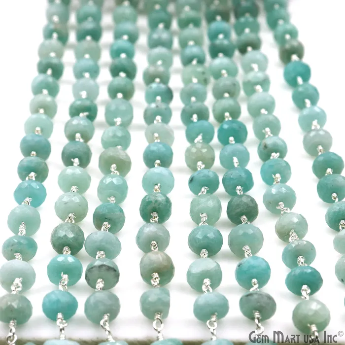 Necklaces GemmartUSA Amazonite 89mm Silver Plated Faceted Rondelle Beads Wire Wrapped Rosary Chain Necklaces GemmartUSA Amazonite 89mm Silver Plated Faceted Rondelle Beads Wire Wrapped Rosary Chain