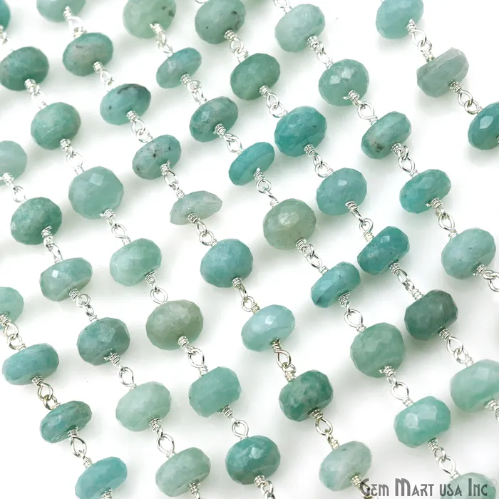 Necklaces GemmartUSA Amazonite 89mm Silver Plated Faceted Rondelle Beads Wire Wrapped Rosary Chain Necklaces GemmartUSA Amazonite 89mm Silver Plated Faceted Rondelle Beads Wire Wrapped Rosary Chain