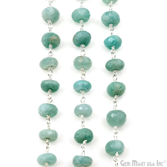 Necklaces GemmartUSA Amazonite 89mm Silver Plated Faceted Rondelle Beads Wire Wrapped Rosary Chain Necklaces GemmartUSA Amazonite 89mm Silver Plated Faceted Rondelle Beads Wire Wrapped Rosary Chain