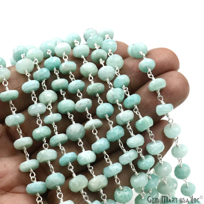 Necklaces GemmartUSA Amazonite 89mm Silver Plated Faceted Rondelle Beads Wire Wrapped Rosary Chain Necklaces GemmartUSA Amazonite 89mm Silver Plated Faceted Rondelle Beads Wire Wrapped Rosary Chain