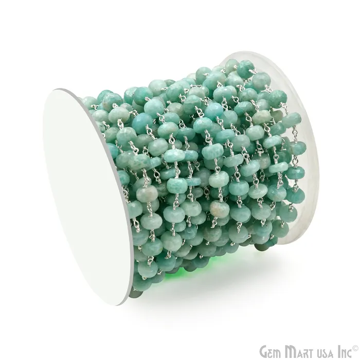 Necklaces GemmartUSA Amazonite 89mm Silver Plated Faceted Rondelle Beads Wire Wrapped Rosary Chain Necklaces GemmartUSA Amazonite 89mm Silver Plated Faceted Rondelle Beads Wire Wrapped Rosary Chain