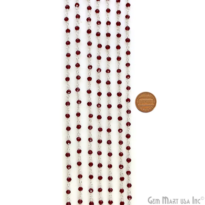 Necklaces GemMartUSA Garnet Color 335mm Tiny Beads Silver Plated Wire Wrapped Rosary Chain Necklaces GemMartUSA Garnet Color 335mm Tiny Beads Silver Plated Wire Wrapped Rosary Chain