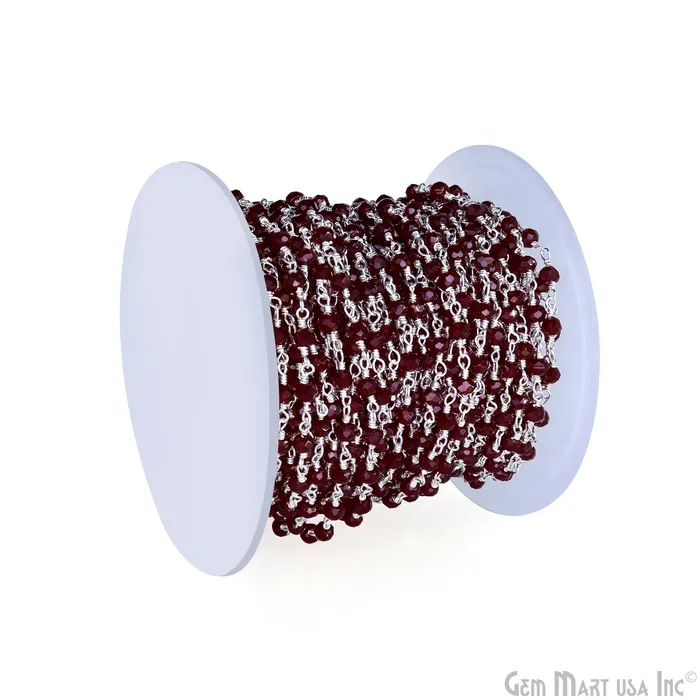 Necklaces GemMartUSA Garnet Color 335mm Tiny Beads Silver Plated Wire Wrapped Rosary Chain Necklaces GemMartUSA Garnet Color 335mm Tiny Beads Silver Plated Wire Wrapped Rosary Chain