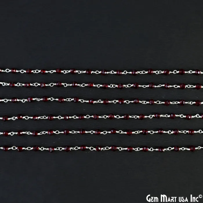 Necklaces GemMartUSA Garnet Color 335mm Tiny Beads Silver Plated Wire Wrapped Rosary Chain Necklaces GemMartUSA Garnet Color 335mm Tiny Beads Silver Plated Wire Wrapped Rosary Chain