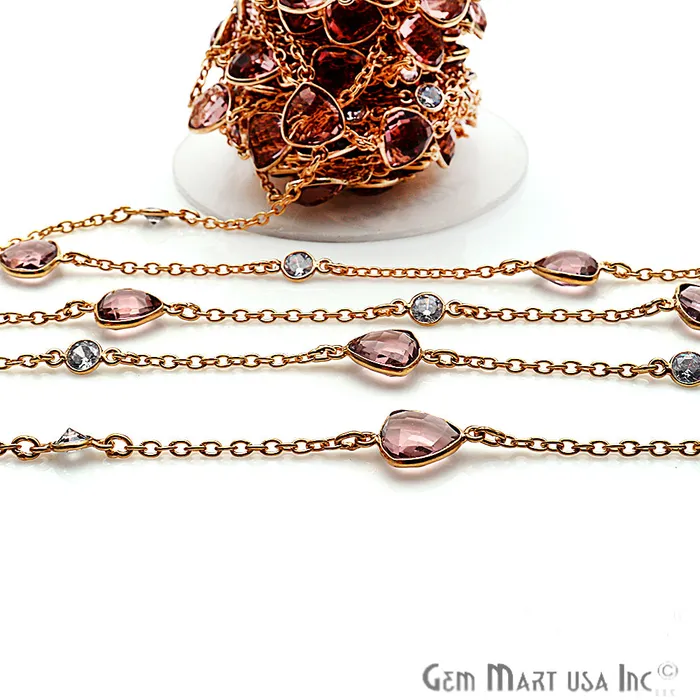 Necklaces GemMartUSA Pink Amethyst With Crystal 10mm Gold Plated Bezel Link Connector Chain Necklaces GemMartUSA Pink Amethyst With Crystal 10mm Gold Plated Bezel Link Connector Chain