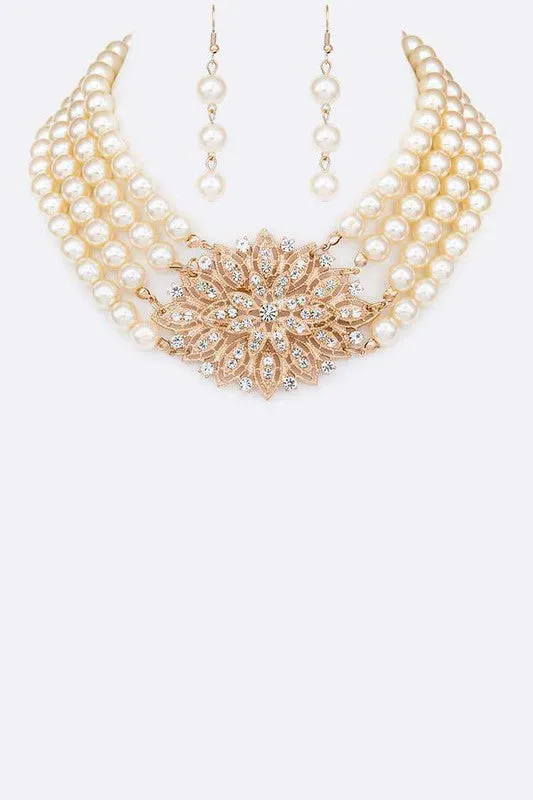 Necklaces LA Jewelry Plaza Crystal Flower Pearl Choker Necklace Set