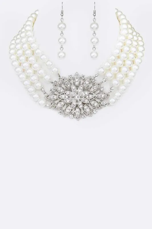 Necklaces LA Jewelry Plaza Crystal Flower Pearl Choker Necklace Set Necklaces LA Jewelry Plaza Crystal Flower Pearl Choker Necklace Set