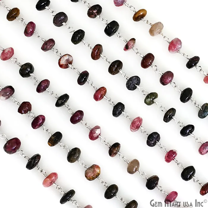 Necklaces Multi Tourmaline Cabochon Beads 67mm Silver Plated Gemstone Rosary Chain GemMartUSA Necklaces Multi Tourmaline Cabochon Beads 67mm Silver Plated Gemstone Rosary Chain GemMartUSA