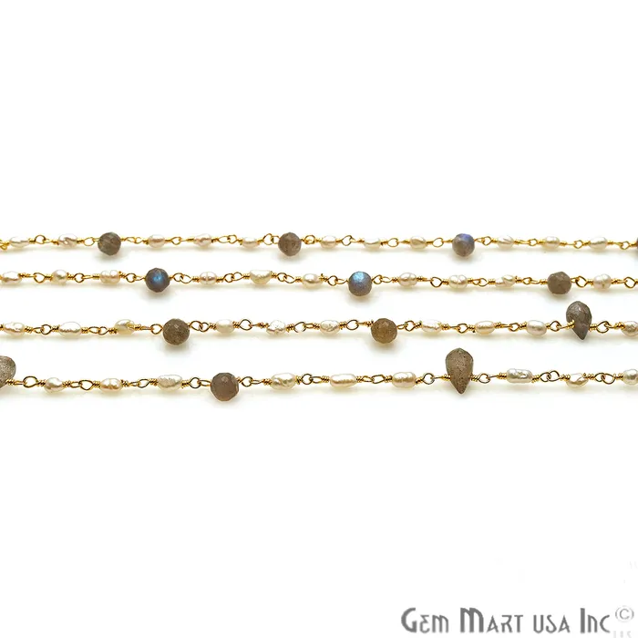 Necklaces Pearl And Labradorite Gold Wire Wrapped Beads Rosary Chain GemmartUSA Necklaces Pearl And Labradorite Gold Wire Wrapped Beads Rosary Chain GemmartUSA