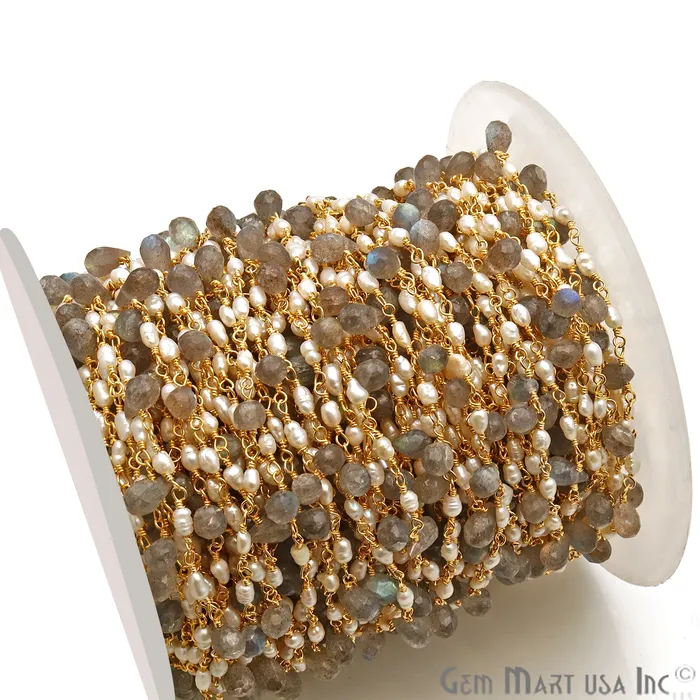 Necklaces Pearl And Labradorite Gold Wire Wrapped Beads Rosary Chain GemmartUSA Necklaces Pearl And Labradorite Gold Wire Wrapped Beads Rosary Chain GemmartUSA