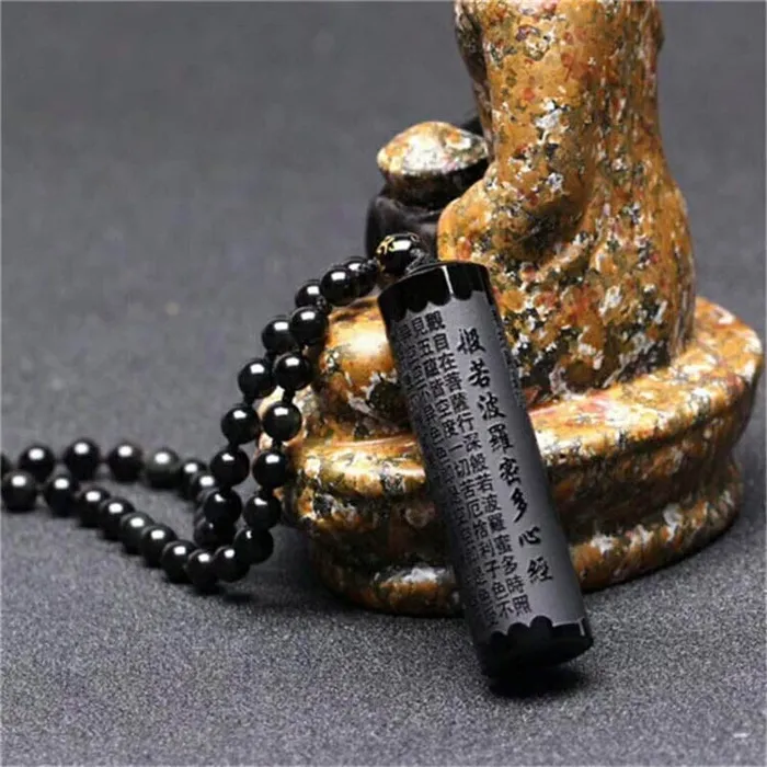 Necklaces Red Rabbits Store Obsidian Engraved Sutra Necklace