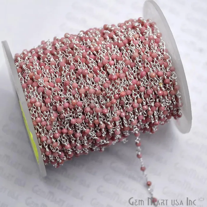 Necklaces Rhodochrosite Silver Plated Wire Wrapped Gemstone Beads Rosary Chain GemMartUSA