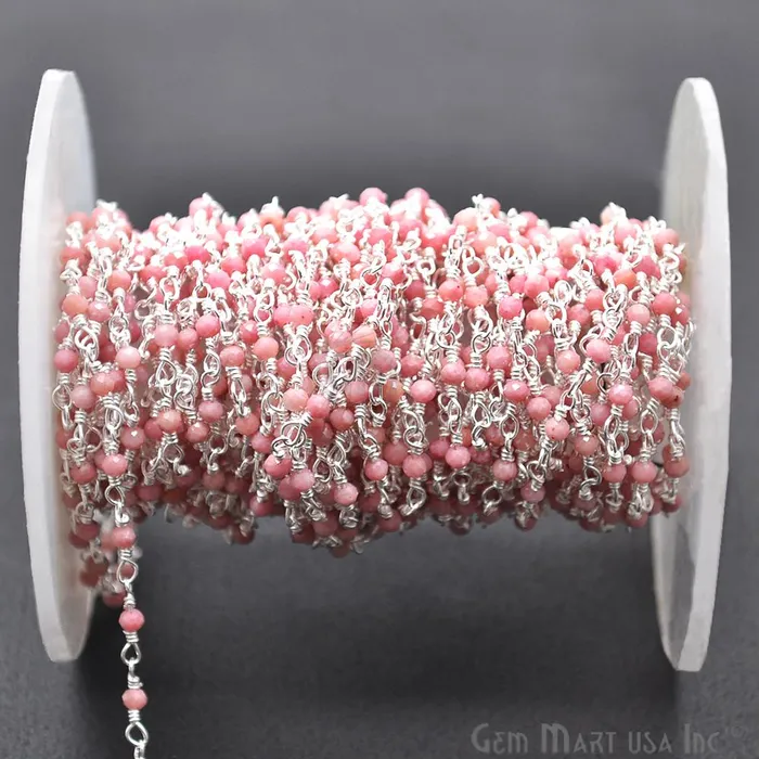 Necklaces Rhodochrosite Silver Plated Wire Wrapped Gemstone Beads Rosary Chain GemMartUSA