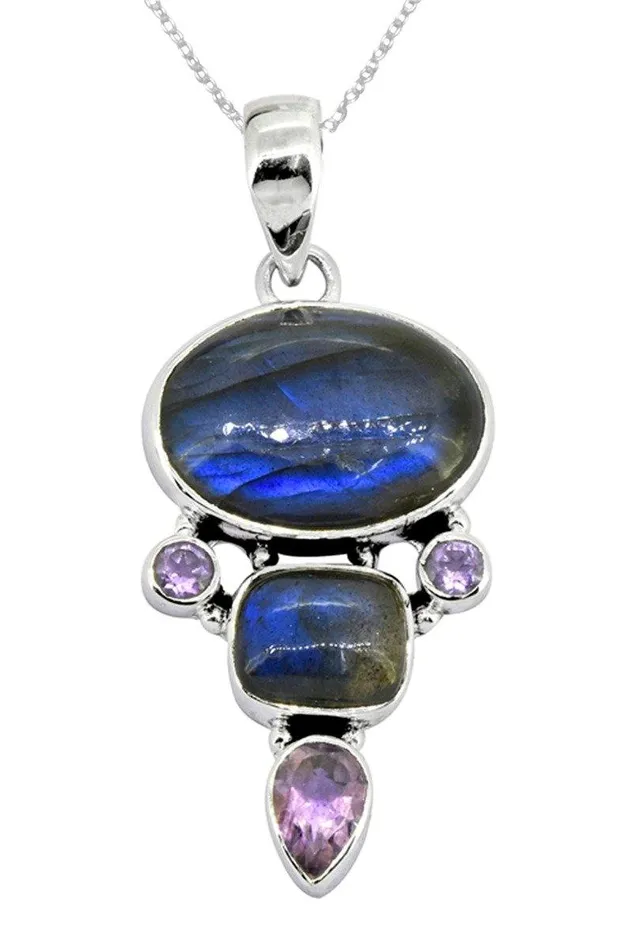 Necklaces YoTreasure Labradorite Amethyst Solid 925 Sterling Silver Pendant Necklace Necklaces YoTreasure Labradorite Amethyst Solid 925 Sterling Silver Pendant Necklace