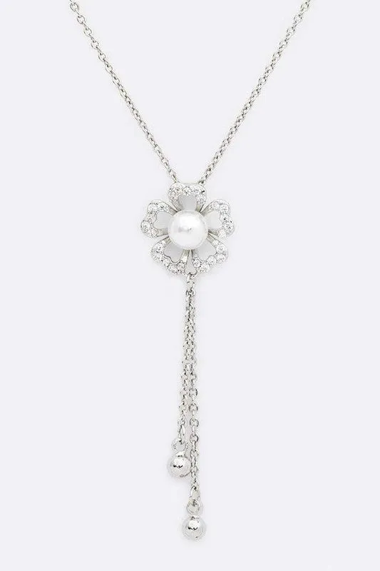 Pearl Accent CZ Flower Chain Drop Pendant Necklace Online Only LA Jewelry Plaza Necklaces Pearl Accent CZ Flower Chain Drop Pendant Necklace Online Only LA Jewelry Plaza Necklaces