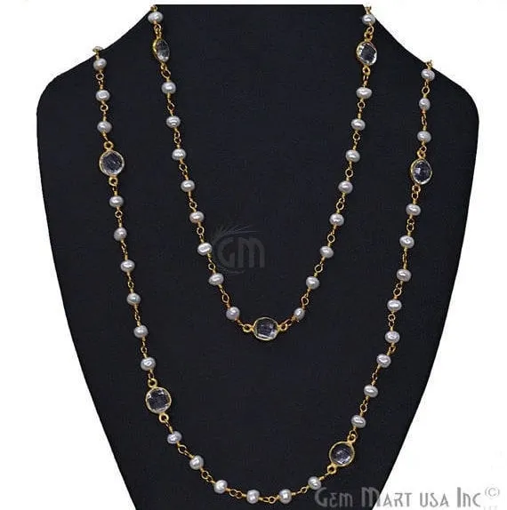 Pearl Necklace With Crystal Chain 30 Inch Gold Plated Beaded Finished Necklace Jewelry GemMartUSA Necklaces Pearl Necklace With Crystal Chain 30 Inch Gold Plated Beaded Finished Necklace Jewelry GemMartUSA Necklaces
