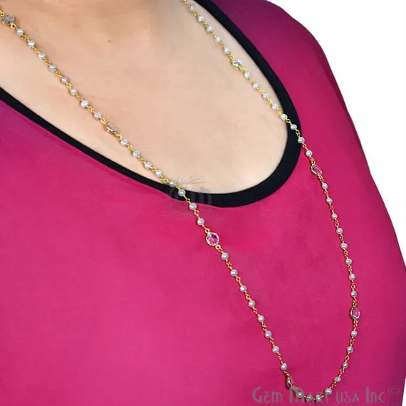 Pearl Necklace With Crystal Chain 30 Inch Gold Plated Beaded Finished Necklace Jewelry GemMartUSA Necklaces