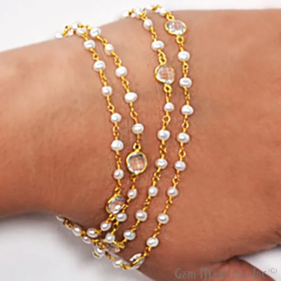 Pearl Necklace With Crystal Chain 30 Inch Gold Plated Beaded Finished Necklace Jewelry GemMartUSA Necklaces