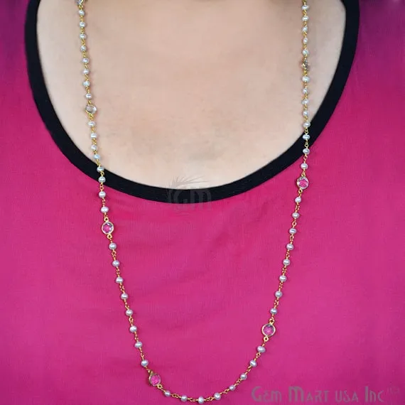 Pearl Necklace With Crystal Chain 30 Inch Gold Plated Beaded Finished Necklace Jewelry GemMartUSA Necklaces