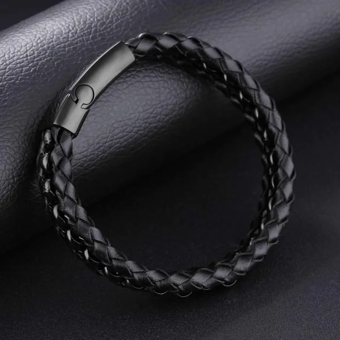 Personalized Jewel Bracelets 200mm Length Black Stainless Steel and Leather Bracelet for Men Fashion Jewelry Gift