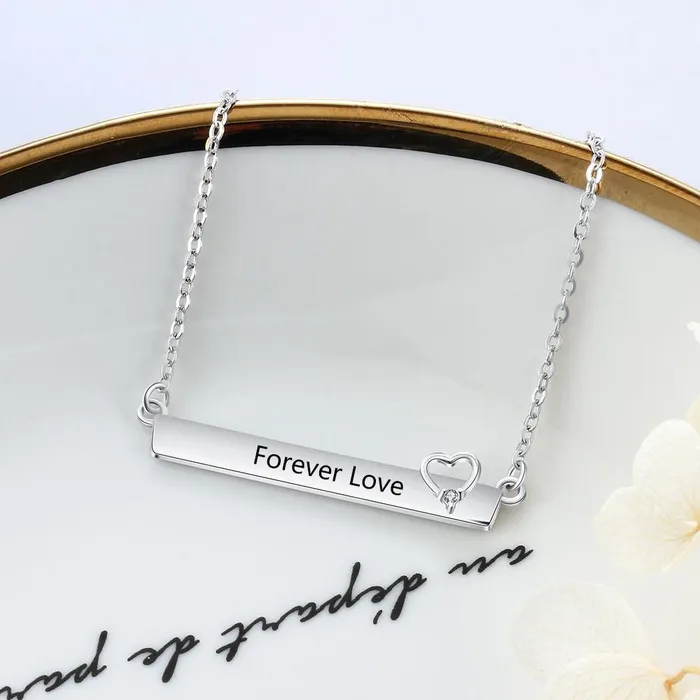 Personalized Jewel Necklaces Personalized Silver Engraved Name Necklace with StripShaped Hollow Heart Pendant Trendy Womens Jewelry with Cubic Zirconia