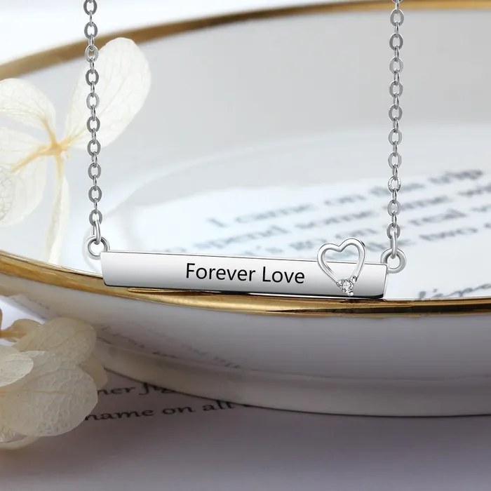 Personalized Jewel Necklaces Personalized Silver Engraved Name Necklace with StripShaped Hollow Heart Pendant Trendy Womens Jewelry with Cubic Zirconia