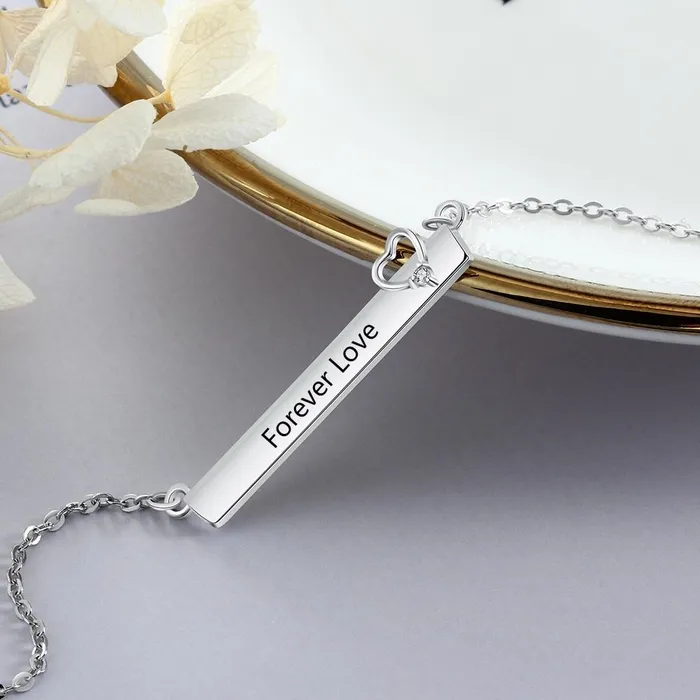 Personalized Jewel Necklaces Personalized Silver Engraved Name Necklace with StripShaped Hollow Heart Pendant Trendy Womens Jewelry with Cubic Zirconia