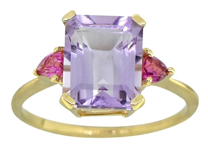 Pink Amethyst Tourmaline Solid 14K Yellow Gold Ring 47 Ct Emerald Cut YoTreasure Rings