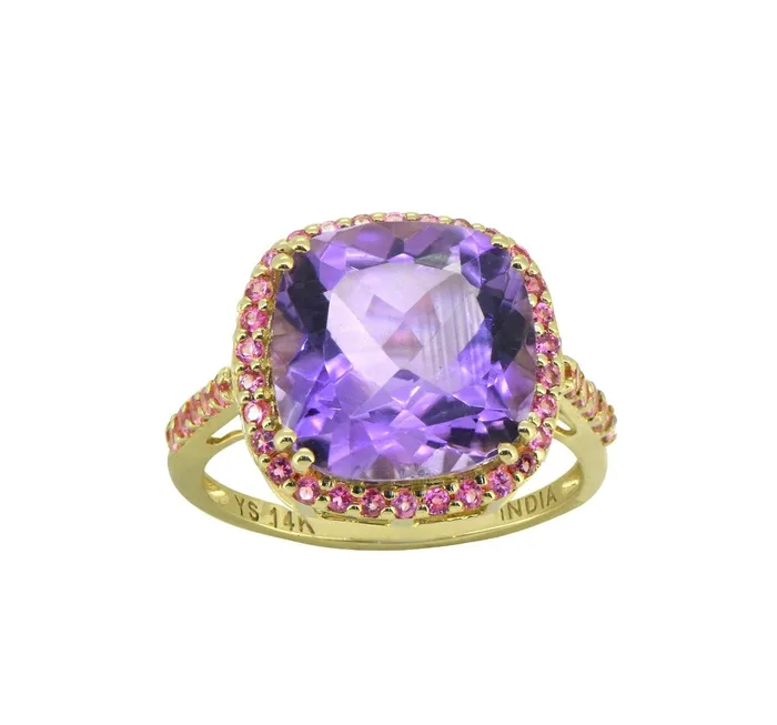 Rings 698 Ct Amethyst Pink Tourmaline Solid 14k Yellow Gold Ring Jewelry YoTreasure