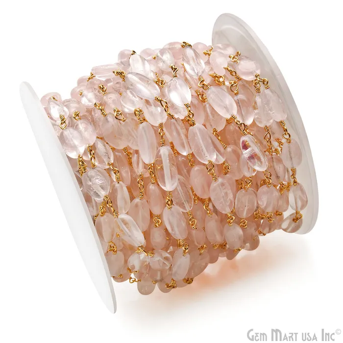 Rose Quartz 12x5mm Tumble Beads Gold Plated Rosary Chain GemMartUSA Necklaces Rose Quartz 12x5mm Tumble Beads Gold Plated Rosary Chain GemMartUSA Necklaces