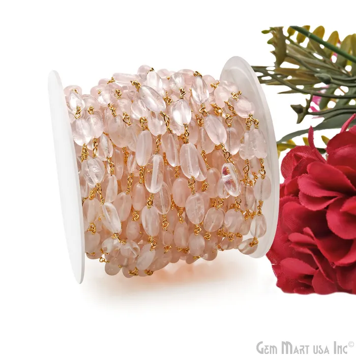Rose Quartz 12x5mm Tumble Beads Gold Plated Rosary Chain GemMartUSA Necklaces Rose Quartz 12x5mm Tumble Beads Gold Plated Rosary Chain GemMartUSA Necklaces