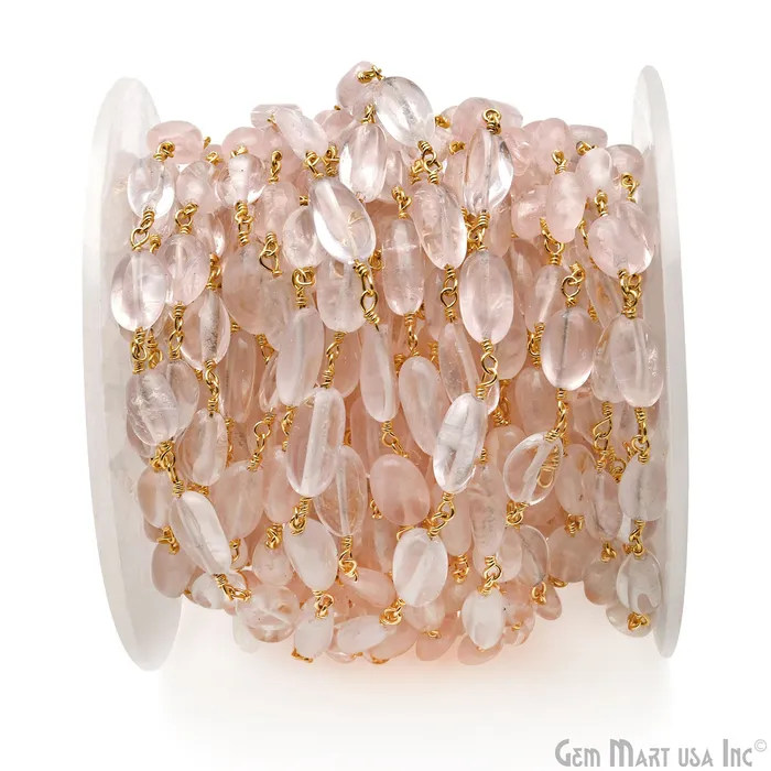 Rose Quartz 12x5mm Tumble Beads Gold Plated Rosary Chain GemMartUSA Necklaces Rose Quartz 12x5mm Tumble Beads Gold Plated Rosary Chain GemMartUSA Necklaces